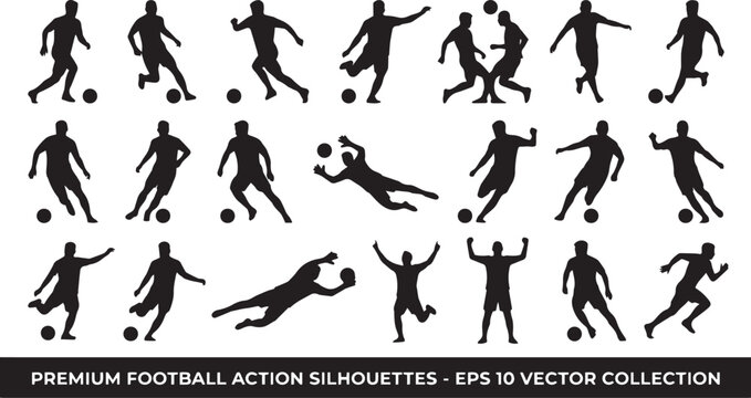Dynamic football silhouettes capturing power, passion, and precision  a premium collection showcasing the unstoppable energy, movement, and spirit of the beautiful game.