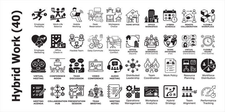 Hybrid work concepts illustrated icons for modern flexible workplace solutions