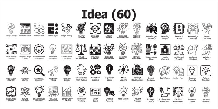 Idea generation and business strategy icons collection for innovation and conceptualization