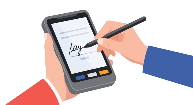 Digital Signature on Mobile Terminal with Stylus Pen Vector Illustration for Business Payment and Electronic Document Concept