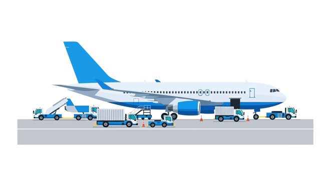 Airplane Airport Ground Support Logistics Vector Illustration with Cargo Trucks, Luggage Loader, and Pushback Tractor on White Background