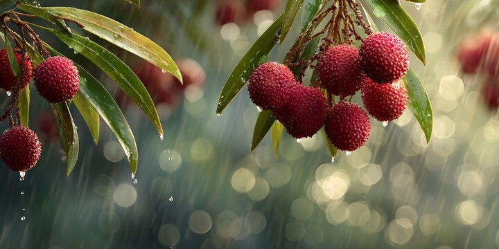 Red lychee fruits hanging from tree branches on a rainy day