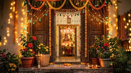 Fototapeta premium Festive diwali entrance traditional indian doorway decorated with lights and flowers
