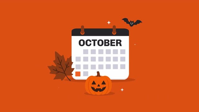 October Halloween calendar with pumpkin, maple leaf, and bat. Flat 2D animation with transparent background and alpha channel for seasonal and holiday projects.