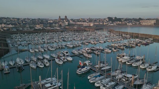 Aerial view of the port of Granville at golden hour, Normandy, France