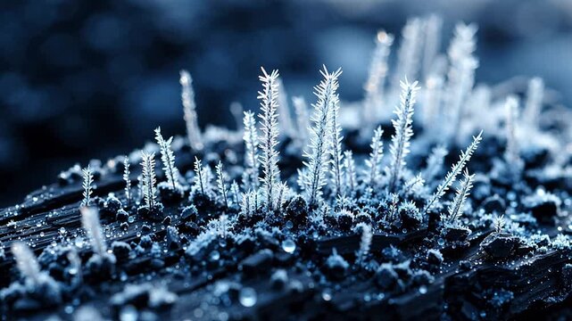 Frost crystals on dark textured surface