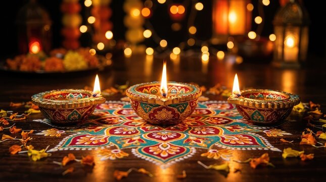 Diwali celebration illuminated diyas and vibrant rangoli art for festive decor