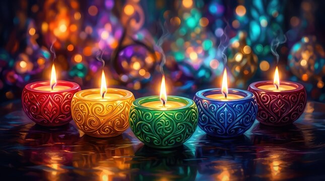 Vibrant illuminated candles with intricate designs and bokeh background