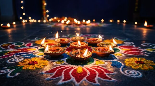 Diwali celebration illuminated diyas and vibrant rangoli design for festive lighting