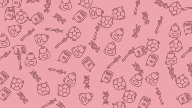 Pattern background featuring icons of backpacks, soccer balls, wands, candy shapes in a pink cute design. Suitable for graphic designs.