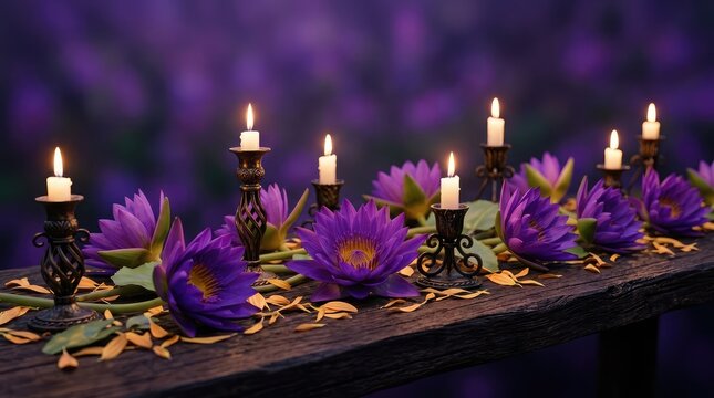 Purple lotus and candle arrangement for spa or meditation space