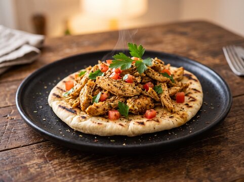 A plate of steaming seasoned chicken flatbread topped with fresh tomatoes and parsley on a rustic wooden table.