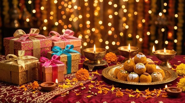Diwali celebration gifts sweets and illuminated diyas for the festival of lights