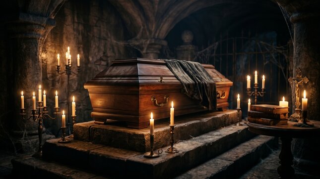 Dramatic horror scene design with a wooden coffin and flickering candles in a crypt