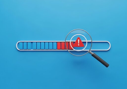 Loading bar with error alert. Magnifying glass inspecting a failed digital progress process.