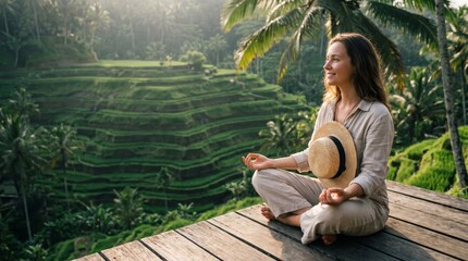 Fototapeta premium Woman sitting in meditation pose overlooking Tegallalang Rice Terrace in Bali