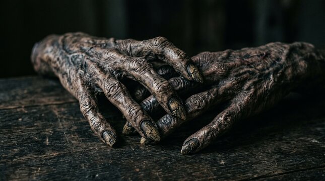 Creepy gnarled hands with long, dirty fingernails resting on a dark wooden surface