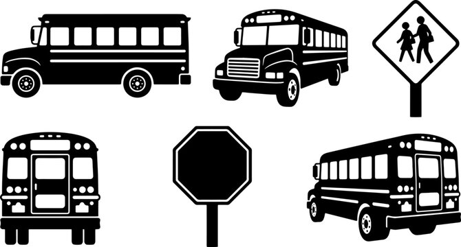 Set of black school bus icons and traffic signs isolated on transparent background