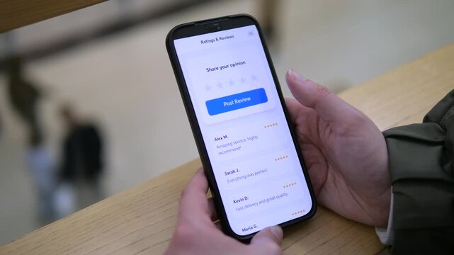 Hand holding a smartphone displaying a ratings and reviews interface. User preparing to post feedback. Perfect for customer experience, reputation management, and e-commerce stock footage.