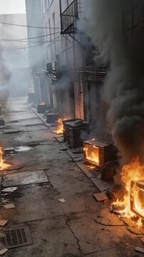 Vertical video: Burning metal bins, boxes after small fires in alley, emitting smoke, copy space