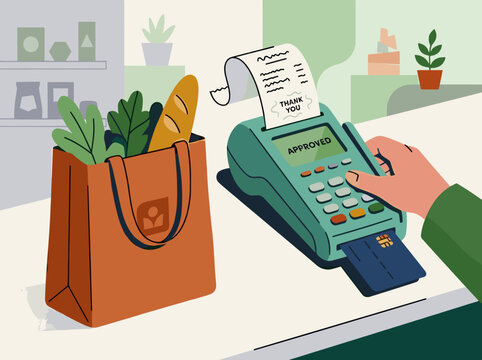 Shopping checkout scene with card payment terminal purchase bags receipt counter for retail service ecommerce order processing consumer finance online shop campaign illustration visual