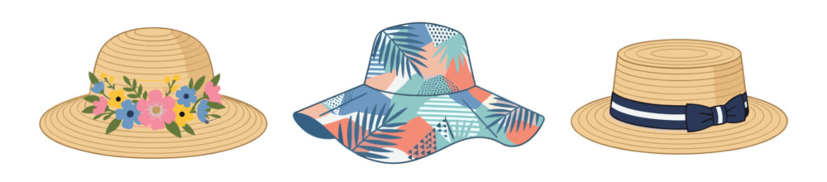 Summer hats collection fashion accessory set with straw hats caps visors for beach travel resort retail catalog sunny weather outfits seasonal apparel promotion design creative layout