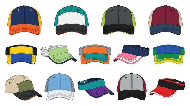 Sporty sun visors caps collection for active summer fashion tennis golf running beachwear retail display outdoor fitness accessories colorful headwear apparel catalog seasonal promotion