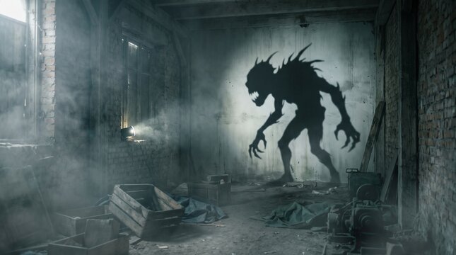 Eerie silhouette of a monstrous creature casting a shadow in a dusty abandoned building