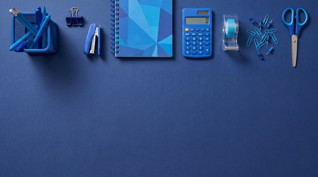 Blue office supplies on blue background desk stationery