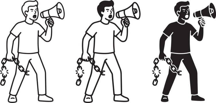 Protest icon set man with megaphone breaking chains line art silhouette