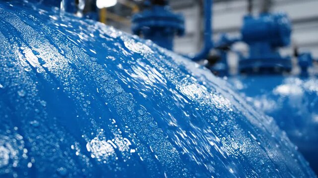Water droplets sliding on blue industrial tank and pipe surfaces with blurred machinery background in factory environment for surface analysis