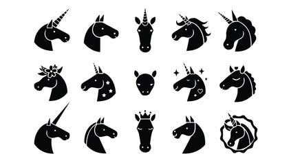 Collection of black unicorn heads on white background profile views © Sadhin07