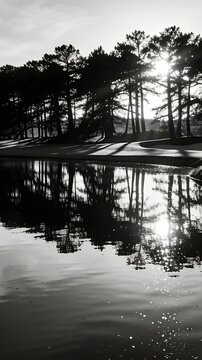 Vertical video: Framing tall pine trees reflecting on pond shore, ripples shifting sun sparkles