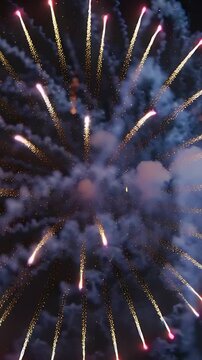 Vertical video: Launching fireworks bursting in night sky, sending sparks and smoke for celebration
