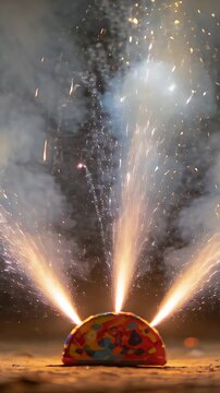 Vertical video: Igniting semicircular fountain shooting three jets and smoke at night for display