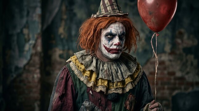 Dramatic horror clown portrait with eerie expression and red balloon