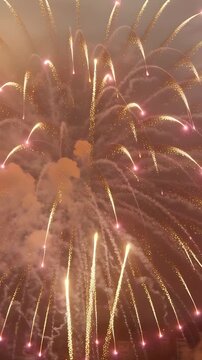 Vertical video: Firing shells making chrysanthemum bursts at dusk sending sparks core land for show