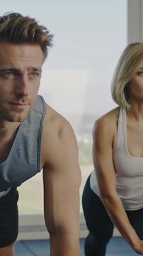 Vertical video: Holding couple in tanks keeping forward lean after workout cue in studio by window