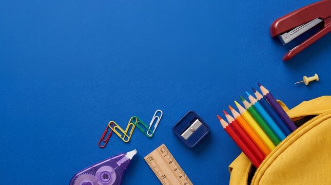 School supplies on blue background with yellow bag
