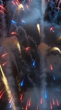 Vertical video: Firing shells bursting red blue gold into night sky at public show, smoke drifting