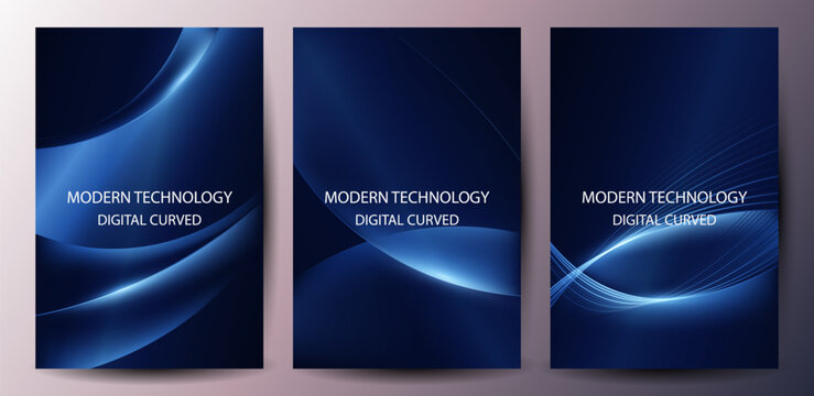 Abstract Blue Curve Technology Poster and Cover Template Set with Glowing Lines