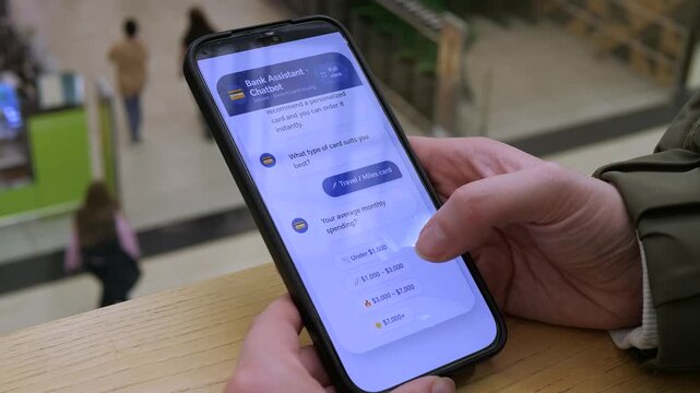 Conversational AI banking in action. User answers chatbot questions to get a personalized travel credit card. Ideal for FinTech, automated finance, and modern customer service videos.