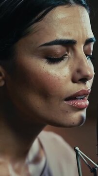 Vertical video: Inhaling female singer in tank top singing into mic in studio, recording vocal take