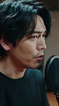 Vertical video: Recording male vocalist in black tee, leaning into mic with pop filter in studio