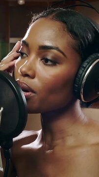 Vertical video: Cueing strapless singer singing into mic in booth, adjusting earcup for take