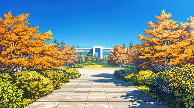 青空と紅葉が美しい近代的な校舎の風景