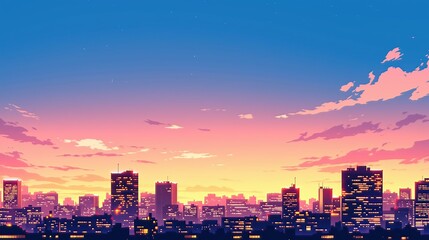 Obraz premium 美しい夕焼けに照らされた輝く都市のスカイライン
