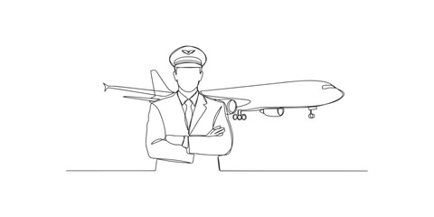 Continuous single line drawing of an airplane pilot standing with arms crossed in front of a modern passenger jet plane © Kartik
