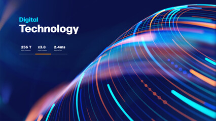 Plakat Technology Digital Abstract Background Wave Light With Flowing Neon Data Streams, Futuristic Surface For High Speed Communication, Innovation, Corporate Branding. Vector Illustration.
