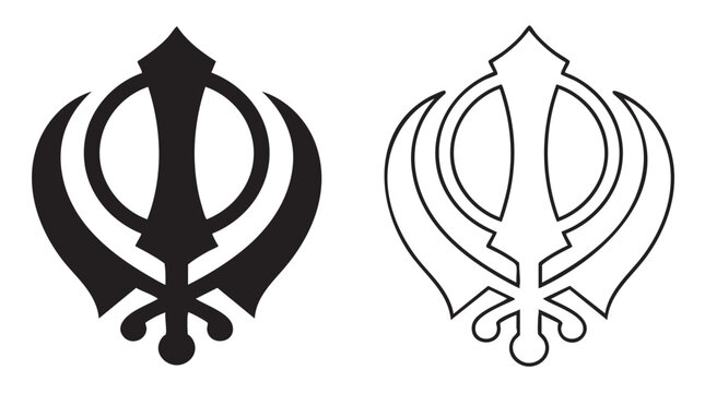 sikh khanda symbol in black and white line art featuring religion, spiritual, sikhism